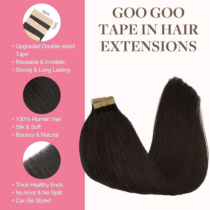GOO GOO Tape in Hair Extensions Human Hair, 2 Dark Brown, 14inch 50g 20pcs, Thick Ends Straight Seamless, Invisible