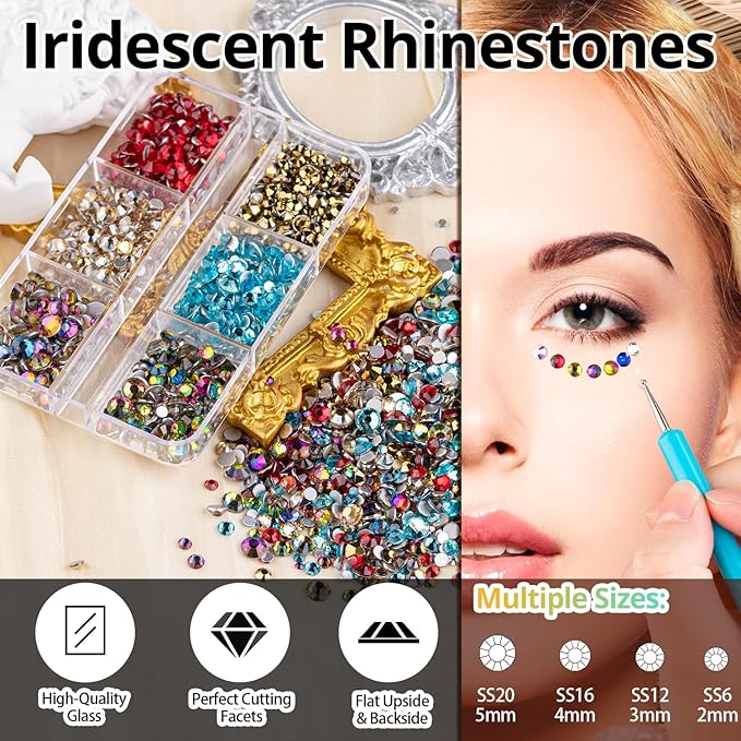 Colorful Face Gems for Makeup Set, Flatback Gorgeous Glass Clear+Mixed-Colored Crystals with Picker Pencil, Makeup Glue, Dual-End Dotting Tool, Tweezer for Eye Body Hair Make-up and Nail Art Deco