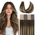 GOO GOO Tape in Hair Extensions Human Hair, 4/27/4 Balayage Chocolate Brown to Caramel Blonde, 18inch 50g 20pcs, Skin Weft Seamless Invisible, Silky Straight with Thick Ends, Remy Human Hair