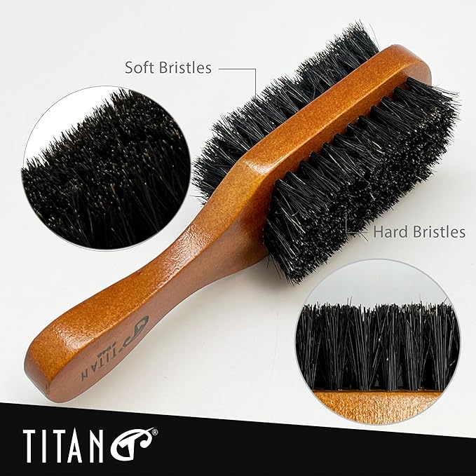 TITAN Double Sided Boar Bristle Brush, 100% Natural Firm and Soft Bristles with Wooden Handle, 2-in-1 Hair Brush for Waves, Fades, and Slick Back Styling, Durable Wood Design for Men and Women