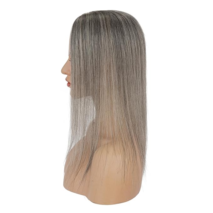 Hairro Human Hair Toppers Free Parted, 3.5x4.7" Base Hand-wovened 100% Real Hairpieces, with Invisible Clips-in for Women, for High Hairline/Adding Volume on Top, 10 Inch Dark Grey Mix Silver
