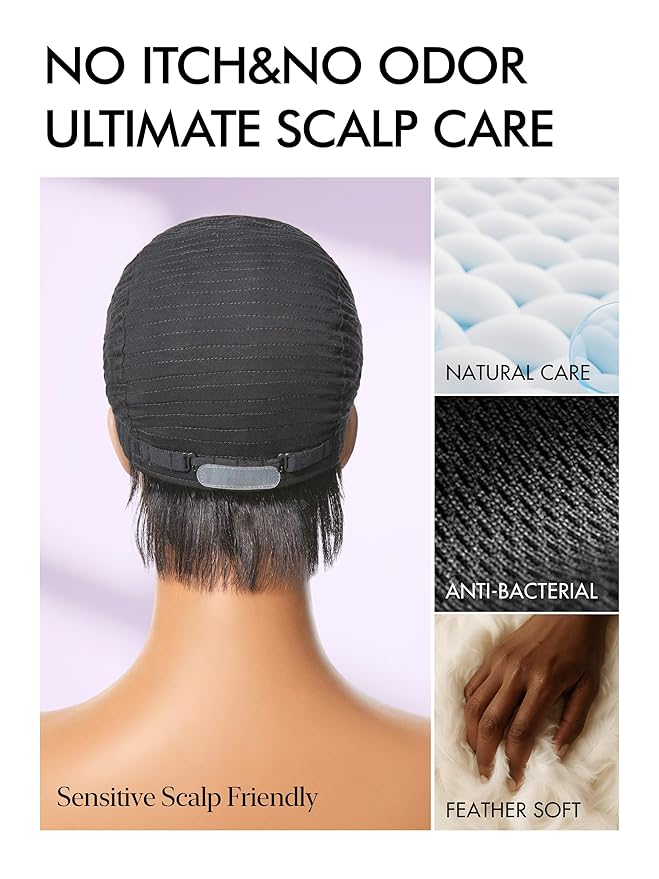 LUVME HAIR Ultra Comfort Throw On & Go Short Pixie Cut with Bangs 5 Inches Skin Friendly Cotton Cap 100% Real Human Hair Glueless Wig Glueless Wig Hair Loss Friendly Full Machine Made 22.5 Wig Cap