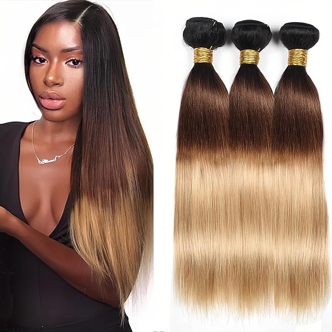 Blonde Bundles Human Hair Ombre Brown Straight Bundles 26 28 30 Inch Double Weft Niegmeag Virgin Remy Hair Extensions 2 Tone Brown and Honey Blonde Bundle