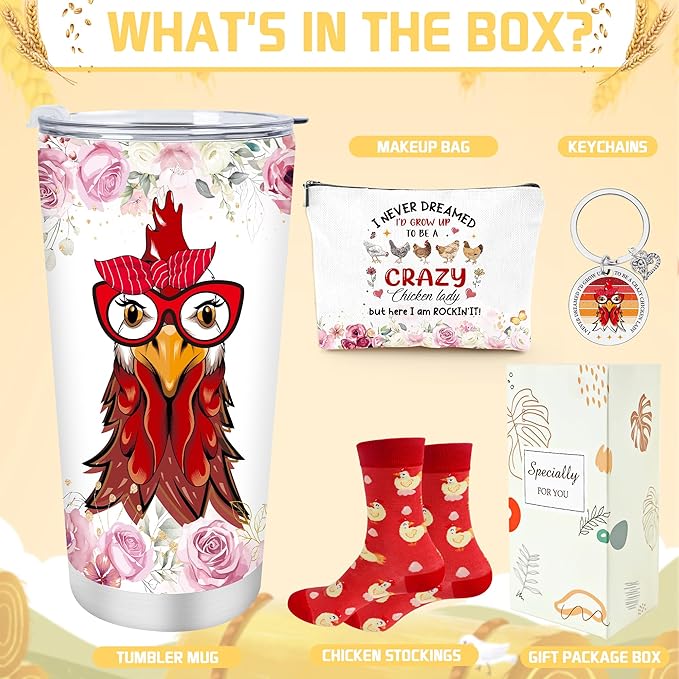Keluna Chicken Gifts for Women - Chicken Lover Essetials Gifts for Female Friends Sister Daugher Lady Boss Coworker, Birthday Christmas Valentines Mothers Makeup Bag Socks Keychain Tumbler Cup