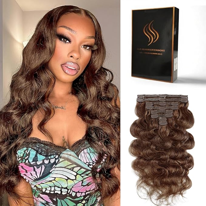 Clip in Hair Extensions Real Human Hair Body Wave 4 Chocolate Brown Clip in 100% Brazilian Remy Human Hair Extensions 8pcs Per Set with 18 Clips Double Weft 22 Inch 110g/3.6oz