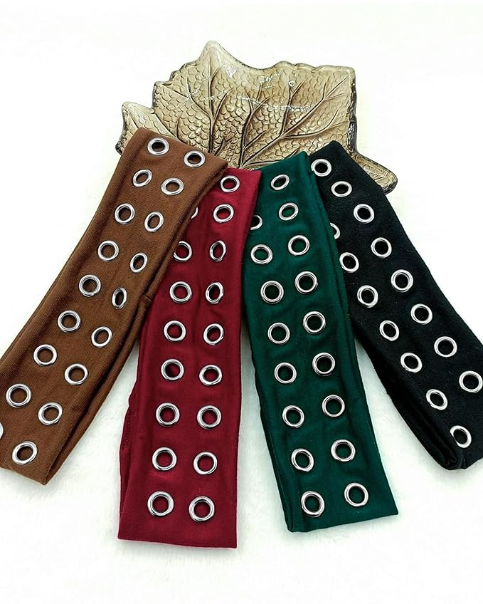 Grommet Headband for Women, Green 23cm Hollow Out Elastic Hair Band, Eyelets Punk Grunge Stylish Hairband