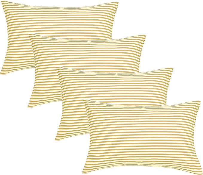JELLYMONI 100% Natural Cotton Striped Standard Pillowcases Set, 4 Pack White and Yellow Stripes Pillow Covers with Envelope Closure(Pillows are not Included)