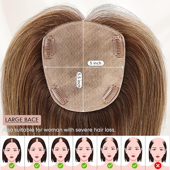 starluck Hair Toppers for Women with Bangs, 5"*5.5"Large Coverage Mixed Brown 100% Real Human Toppers for Women with Thinning Hair,Cover Gray Roots