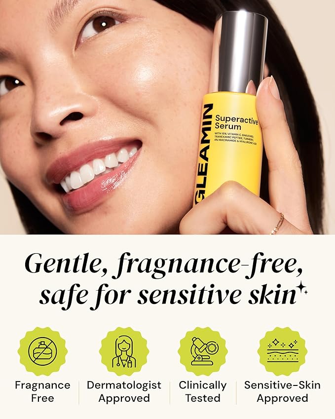 Gleamin Superactive Vitamin C Serum for Face with 15% Vitamin C, Niacinamide, Bakuchiol & Hyaluronic Acid – Skin Brightening Facial Serum for Women & Men – Dark Spot Remover & Radiant Glow – 1 fl oz