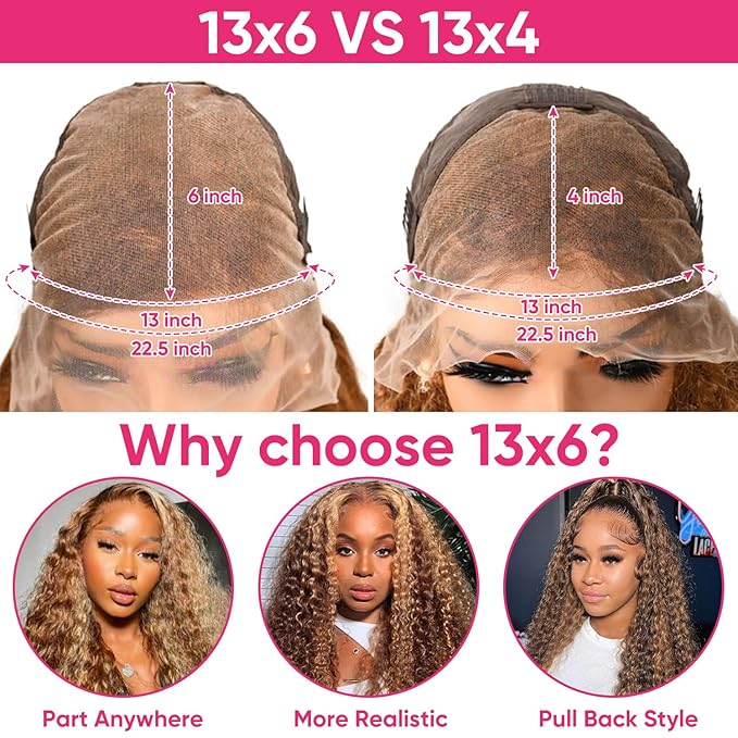 34 Inch Honey Blonde Ombre Highlight Deep Wave Lace Front Wigs Human Hair 200% Density 13x6 HD Transparent Lace Front Wigs Pre Plucked Glueless #4/27 Colored Curly Human Hair Wig for Women