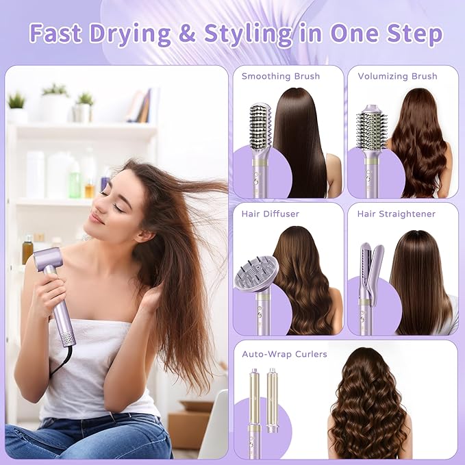 Hair Dryer Brush 8-in-1 Dual Voltage Hot Air Styler – Fast-Drying 110,000 RPM Ionic Blow Dryer with Straightener & Curler Attachments, Frizz-Free Volumizing Styler with Protective Hard Case-Purple
