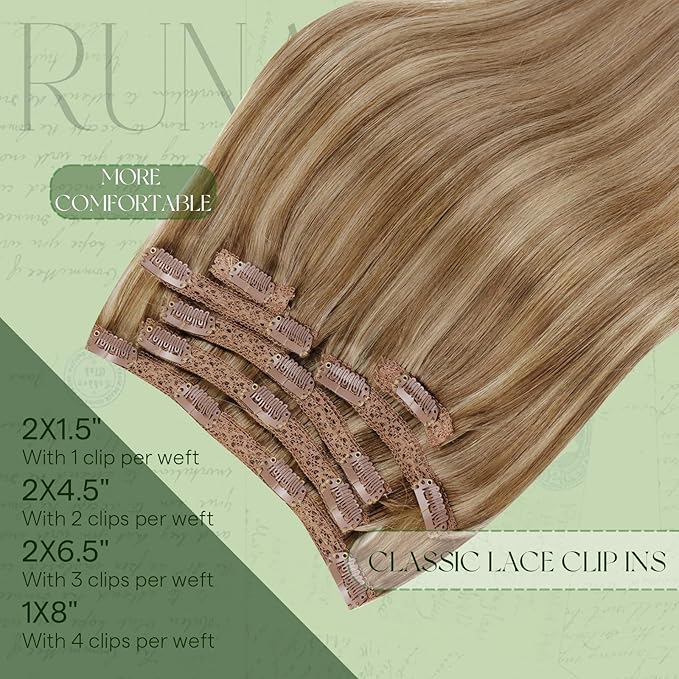 RUNATURE Blonde Clip in Hair Extensions, Real Human Hair Clip in Extensions, Long Hair Extensions Clip Ins, Remy Natural Hair Add Length, 22 Inch 120g 7pcs #10P16 Dark Blonde Highlight Caramel Blonde