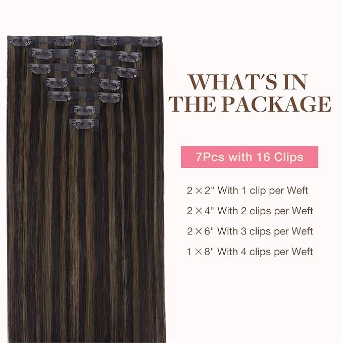 GOO GOO Clip in Hair Extensions Real Human Hair, Remy Human Hair Extensions Clip ins for Women, Natural Human Hair, 20inch 150g 7 Pcs, #2/6 Dark Brown Highlighted Chestnut Brown