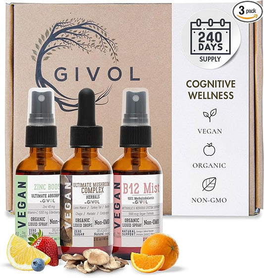 Cognitive Wellness Bundle Liquid Vitamin Trio: Methylcobalamin B12, Lions Mane, Reishi, Chaga Mushroom Complex & Zinc Picolinate: Gluten-Free, Sugar-Free, Non-GMO - 360 Days Supply