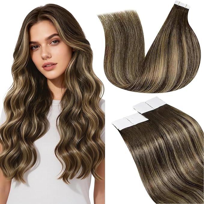 LaaVoo Tape in Hair Extensions Real Human Hair Tape in Extensions Balayage Dark Brown Mix Caramel Blonde Human Hair Extensions Tape in Seamless 12 Inch 20pcs 30g
