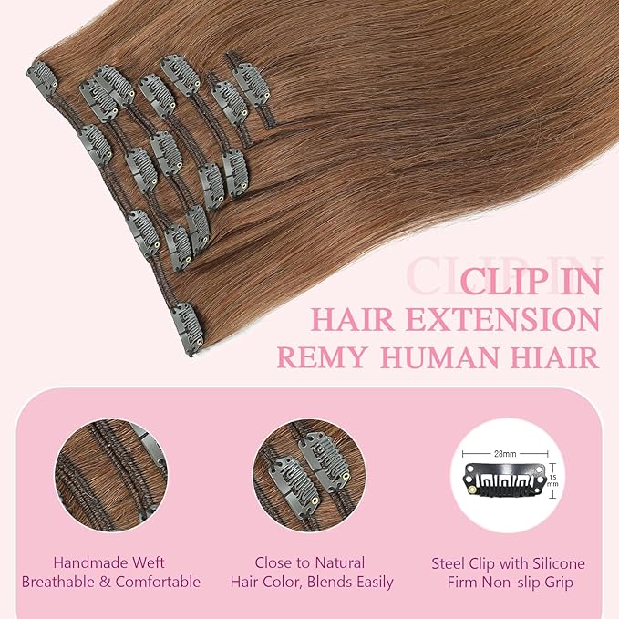 PINKPEARL Clip in Hair Extensions Real Human Hair, Remy Human Hair Extensions Clip ins for Women, Natural Human Hair, 18inch 120g 7Pcs, #33 Auburn(#33-18)
