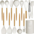 Silicone Cooking Utensils Set - 446°F Heat Resistant Silicone Kitchen Utensils for Cooking,Kitchen Utensil Spatula Set w Wooden Handles and Holder for Non-Stick Cookware, BPA FREE (Cream White)