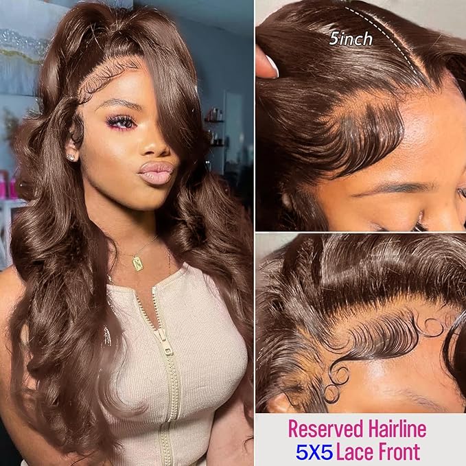 5x5 SKINLIKE HD Lace Closure Wigs Human Hair, Chocolate Brown Lace Front Wig With Baby Hair,Loose Wave Pre-Plucked Bleached Knots 250% Density Real HD Lace Closure Wigs 22Inch