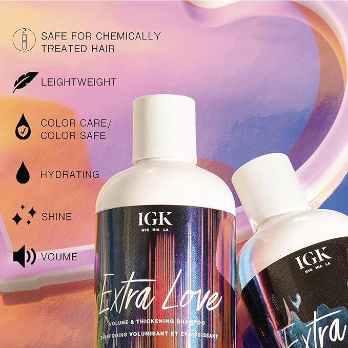 IGK EXTRA LOVE Volume & Thickening Shampoo and Conditioner Set | Lightweight + Supports Scalp + Balance Oil | Vegan + Cruelty Free | 8 Oz