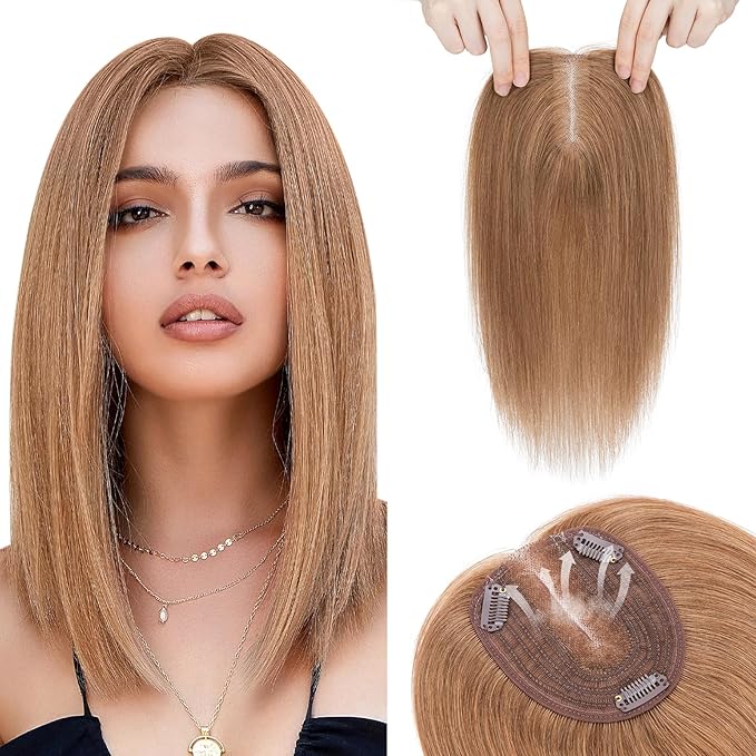 Hairro 100% Human Hair Topper No Bangs, Real Clip in Hair Hairpieces for Women, 3.94x4.72" Silk Base for Thinning Receding High Hairline, 12 Inch Light Brown Middle Part