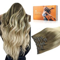 DOORES Human Hair Extensions Clip in, Ash Brown to Platinum Blonde 14 Inch 120g 7pcs, Real Clip in Hair Extensions Straight Natural Weft