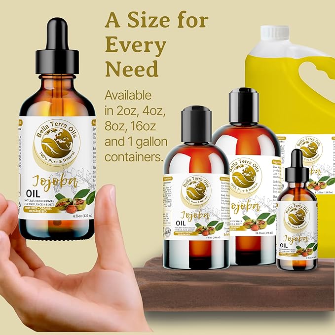 Bella Terra Oils - Organic Jojoba Oil 16oz - Unveiling Organic Jojoba's Beauty Secrets, Saturated with Vitamin B5 & Folic Acid, The Gold Standard of Body Oil Moisturizers