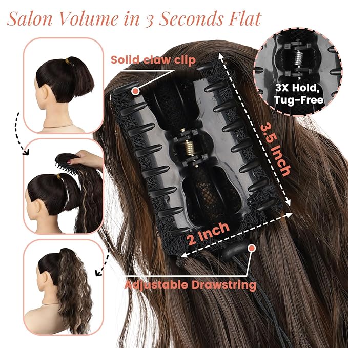 Claw Clip Ponytail Extension 18 Inch Curly Wavy Ponytail Extension Jaw Clip on Pony Tails Hairpiece for Women Fluffy Natural Synthetic for Daily Use (Dark Brown with Auburn Blonde)
