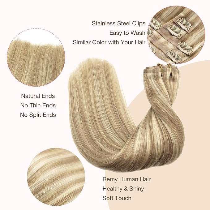 GOO GOO Clip in Hair Extensions Real Human Hair, Remy Human Hair Extensions Clip ins for Women, Natural Human Hair, 16inch 110g 7Pcs, 18A/613A Dark Blonde Highlighted Bleach Blonde