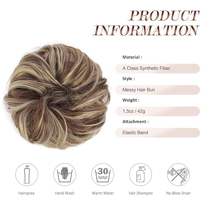 FESHFEN Messy Bun Hair Piece - Elastic Wavy Curly Hair Bun Scrunchies Extensions Synthetic Chignon Hairpieces for Women, Copper Brown & Beige Blonde 1.5 oz