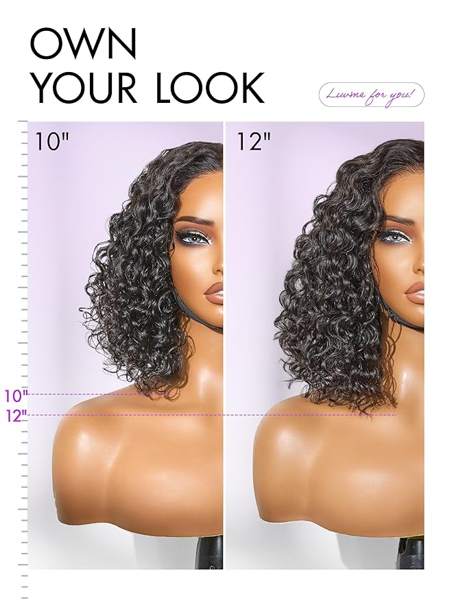 LUVME HAIR 5X5 Deep Curly 12 Inches 100% Human Hair Wigs Curly Deep Wave Glueless Lace Front 12 Inches, Pre Cut Plucked Hd Lace Short Wig Ready To Go Natural Color Straight Bleached Knots Black Wigs