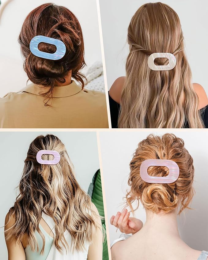 Mesovor 4 Pack French Flat Hair Clips for Women, 3.74" Nonslip Stylish Round Duckbill Lay Flat Hair Claw | Side Slide Volume Flat Hairclips for Lying Down, Yoga, Driving (Mermaid Stripes)