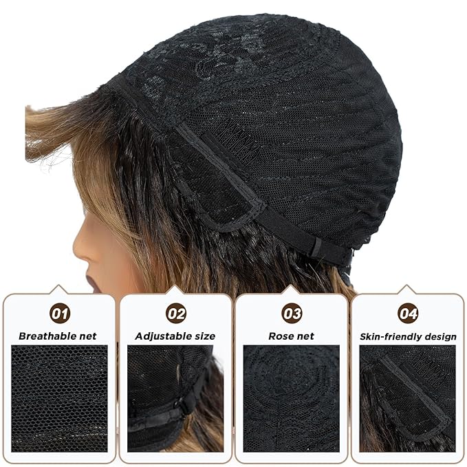 NOBLE Bob Wig with Bangs Short Wavy Wig for Women Ombre Light Brown Shoulder Length Wig Heat Resistant Synthetic Wigs for Daily Party Use 12 Inches
