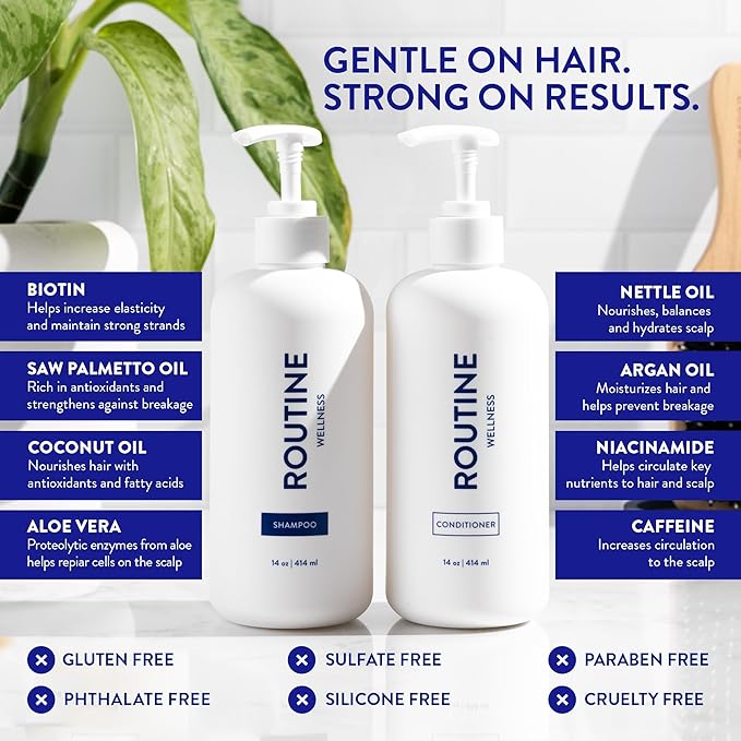 Routine Wellness Anti-Thinning Shampoo and Conditioner Set for Thinning Hair - Biotin DHT Blocker Women & Men - Color Safe Shampoo for Hair Loss & Healthier Hair - Citrus & Lemon Blossom (Pack of 2)