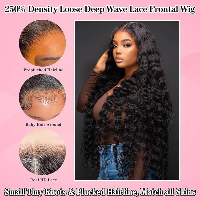 250% Density HD Lace Front Wigs Human Hair Loose Wave 100% Real Human Hair 15A Full 13x4 Large Lace Space Loose Deep Wave Wig Pre Plucked, No Synthetic Blend No Tangle No Shedding Triple Lifespan 3X