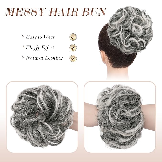 FESHFEN Messy Bun Hair Pieces - Large Wavy Curly Elastic Hair Bun Scrunchies Ponytail Extensions Synthetic Chignon Hairpieces for Women, Black Gray and White Tips 1.94oz