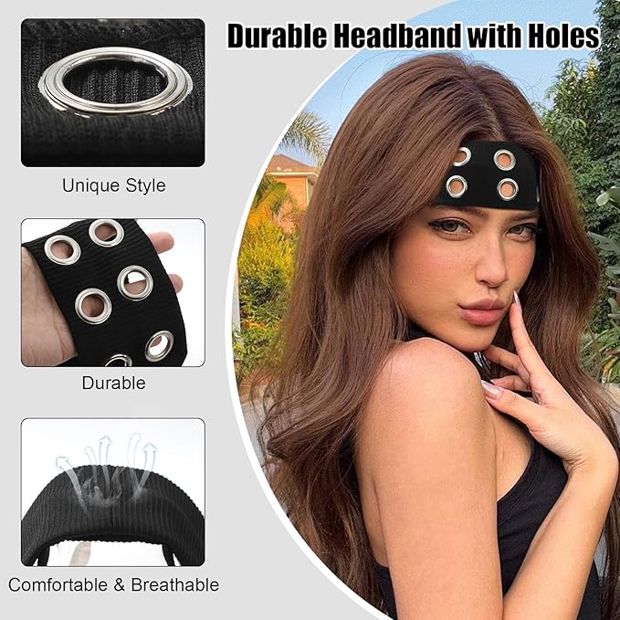 papasgix Grommet Headband for Women, Y2K Elastic Headband Wide Black Hair Band with Holes Metal Rock Style 2000s Hair Accessories (1, Wine Red)