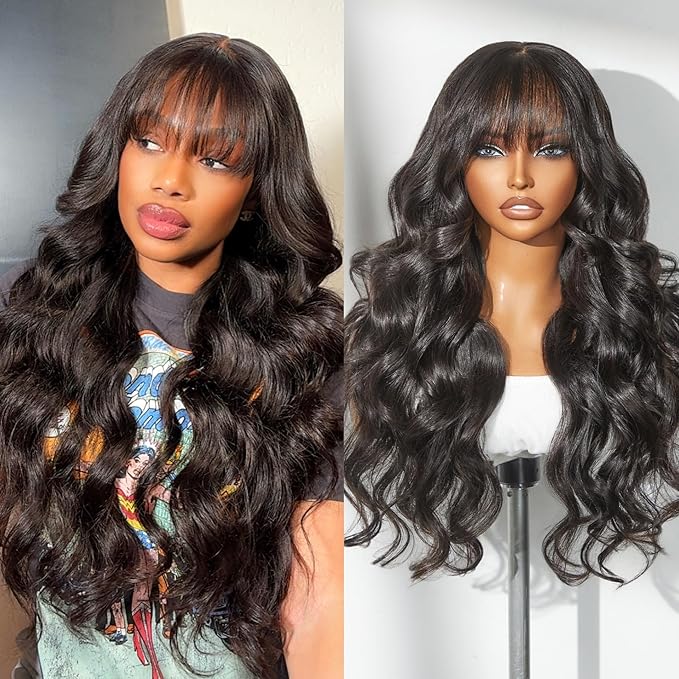 LUVME HAIR 7x6 HD Lace All-Day Comfort Wig with Bangs 200% Density Hair PartingMax Lace Wigs Loose Body Wave Lace Front Wigs Human Hair Pre Cut Plucked Lace Frontal Glueless 28 Inches