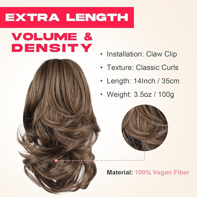 Ponytail Extension - 14" Claw Clip in Ponytail Hair Extensions Natural Soft Synthetic Layered Wavy Pony Tail Hair Pieces for Women - Light Brown