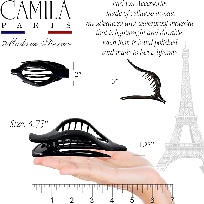 Camila Paris CP2388 French Hair Clips, Large Side Slide Hair Clips for Long Curly Wavy Hair, Strong Hold No Slip Grip, Girls Hair Claw Clips for Women, Styling Girls Hair Accessories, Made In France