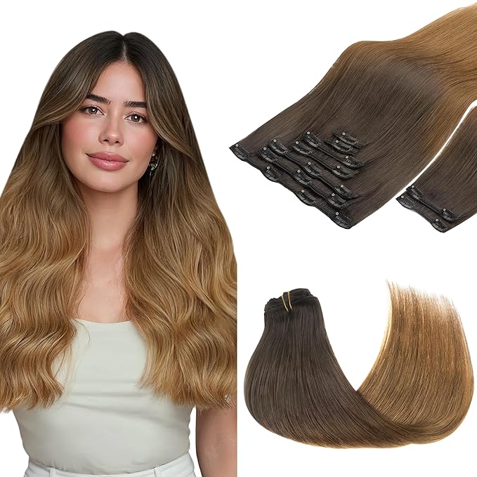 GOO GOO Clip in Hair Extensions Real Human Hair, Remy Human Hair Extensions Clip ins for Women, Natural Human Hair, 18inch 150g 9Pcs, 1D/2C/4E Chocolate Dip Color Melt