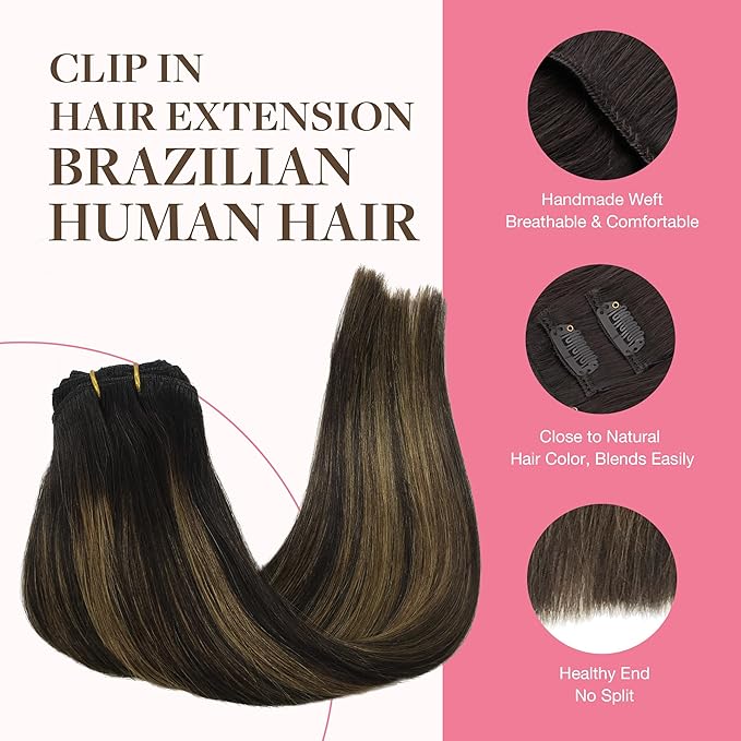 GOO GOO Clip in Hair Extensions Real Human Hair, Remy Human Hair Extensions Clip ins for Women, Natural Human Hair, 22inch 150g 9Pcs, 1B/6/1B Balayage Natural Black to Chestnut Brown