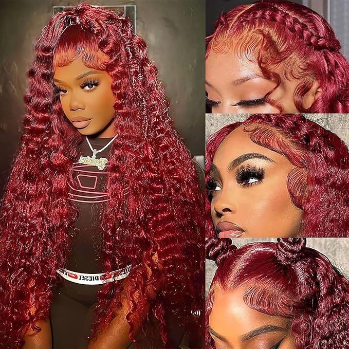 BVLBVL 40 Inch 99j 13x6 HD Lace Front Wigs Human Hair 250% Density Deep Wave Lace Front Wigs Pre Plucked Burgundy Wig Human Hair Wet And Wavy No Tangle No Shedding Triple Lifespan 3x