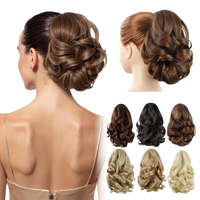 Brown Ponytail Extension,9" Short Curly Wavy Claw Clip in Ponytails Hair Extensions Natural Soft Synthetic Hairpiece for Women
