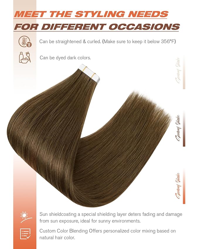 Sunny Hair Human Hair Tape in Extensions, Cool Brown Tape in Hair Extensions Human Hair 14 inch Straight Remy Tape in Human Hair Extensions 20Pcs 50g