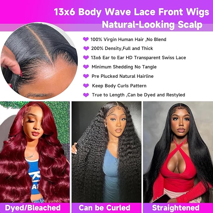 Body Wave 200 Density HD Lace Front Wigs Human Hair Pre Plucked 13x6 HD Transparent Lace Frontal Wigs Human Hair Glueless Human Hair Wigs for Black Women 16 Inch Body Wave Human Hair Wig