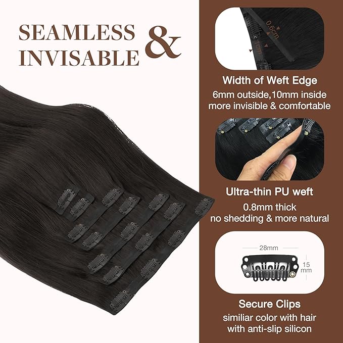 GOO GOO Clip in Hair Extensions Real Human Hair, Remy Human Hair Extensions Clip ins for Women, Natural Human Hair, 14inch 150g 9Pcs, #2 Dark Brown
