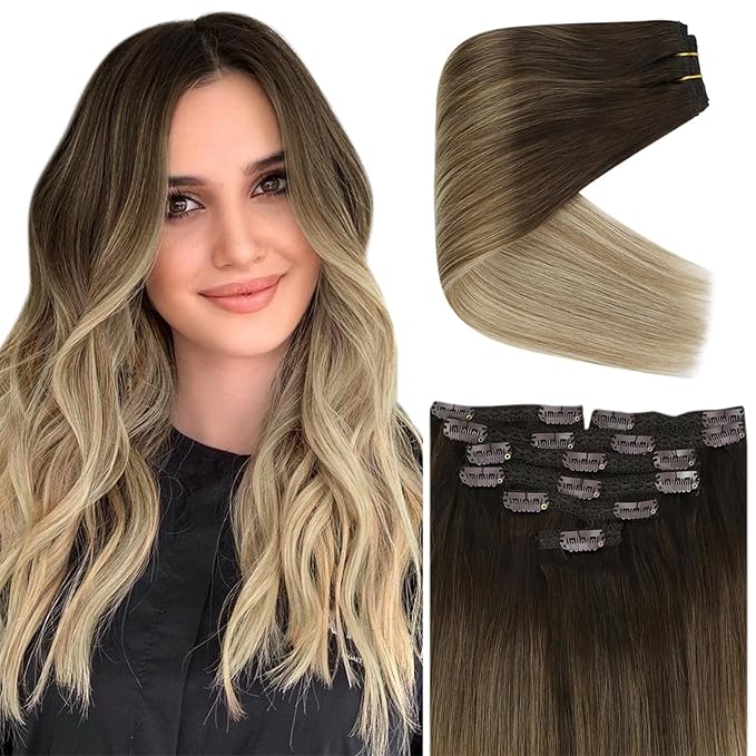 Ve Sunny Clip in Hair Extensions Ombre Dark Brown to Light Brown with Ash Brown Clip in Human Hair Extensions Invisible Clip in Extensions Balayage Dark Roots 16inch 7pcs 120g