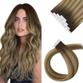 Sunny Hair Tape in Hair Extensions Human Hair 16 Inch Hair Extensions Real Human Hair Tape in Extensions for Women Dark Brown Ombre Brown Mix Caramel Blonde Virgin Hair Natural Straight 10Pcs 25g