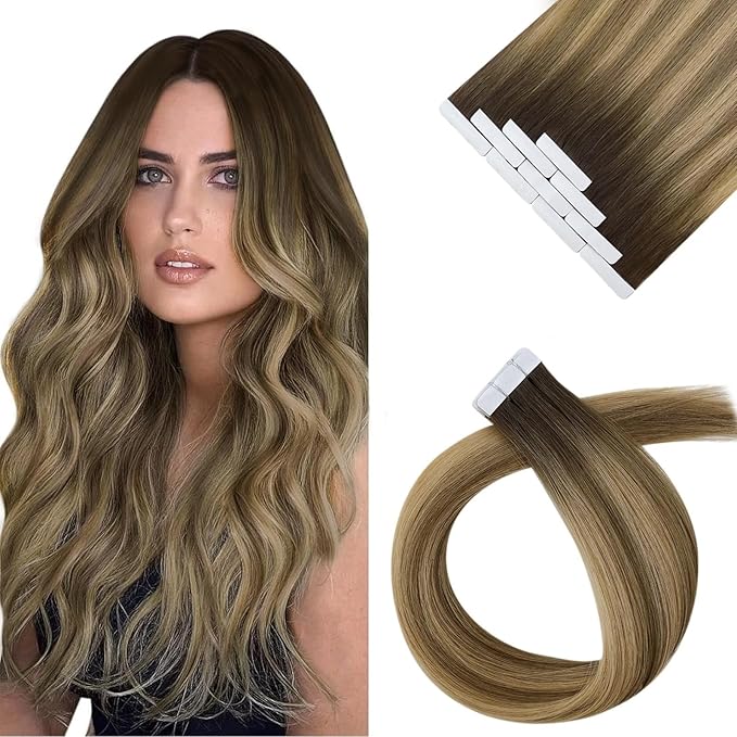 Sunny Hair Tape in Hair Extensions Human Hair 14 Inch Hair Extensions Real Human Hair Tape in Extensions for Women Dark Brown Ombre Brown Mix Caramel Blonde Virgin Hair Natural Straight 10Pcs 25g