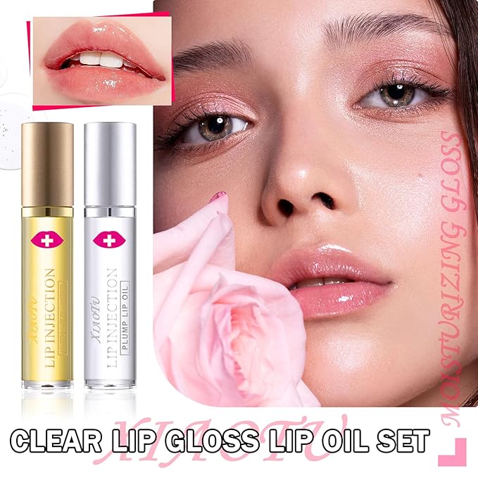 2PCS Plumping Lip Oil Set,Hydrating Lip Plumper Oil,No-Sticky Fuller Lip Oil Reduces Fine Lines,Hydrating Lip Plumping Lip Gloss for Moisturizing Dry Lips